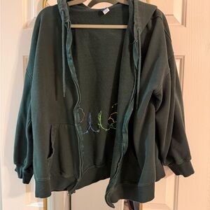 Dark Green Zip-Up Hoodie with Colorful Embroidery